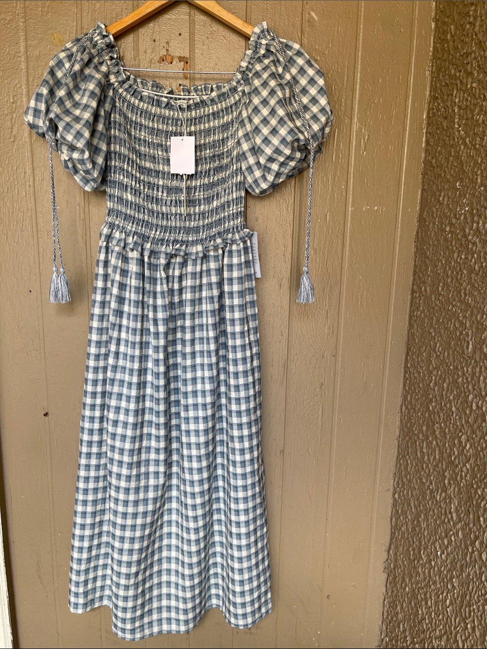 Max Studio Smocked Gingham Puff-Sleeve Dress in Light Blue and Cream Size S